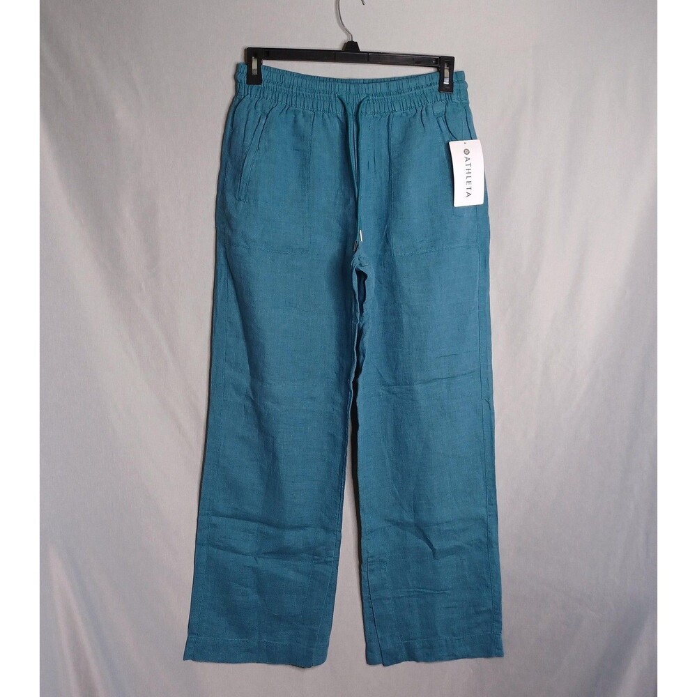 Athleta Pants Womens 10 Tall Blue Retreat Linen Wide Leg Pull On Casual Travel